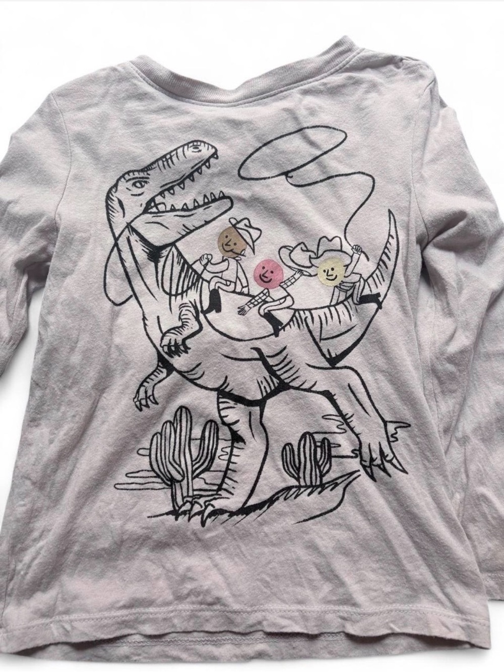 Old Navy Light Gray Long-Sleeve Tee with Dino Cowboy Graphic